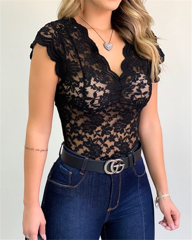 Blusa Mujer con Encaje y Escote en V – Camiseta Sexy, Elegante y Moderna